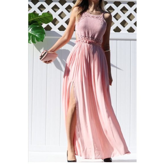 Boho Light Pink Crochet Knit Open Back Maxi Dress - Picture 3 of 6